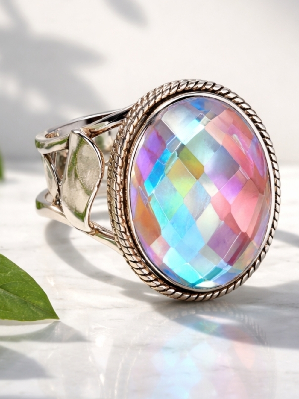 Solid 925 Sterling Silver Aurora Mystic Quartz Ring Size 7 3/4